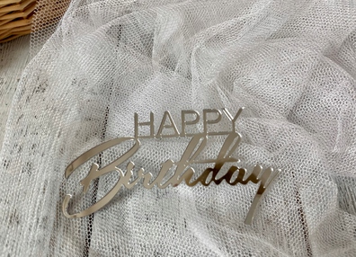 Topper na bok tortu Happy Birthday plexi srebne