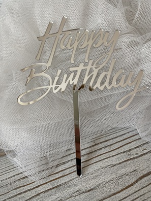 Topper Happy Birthday na patyku Plexi Srebne 13,5 x17 cm
