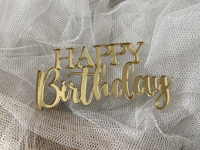 Happy Birthday złote Plexi na bok tortu 10x5 cm