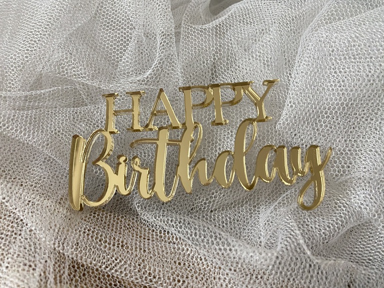 Happy Birthday złote Plexi na bok tortu 10x5 cm