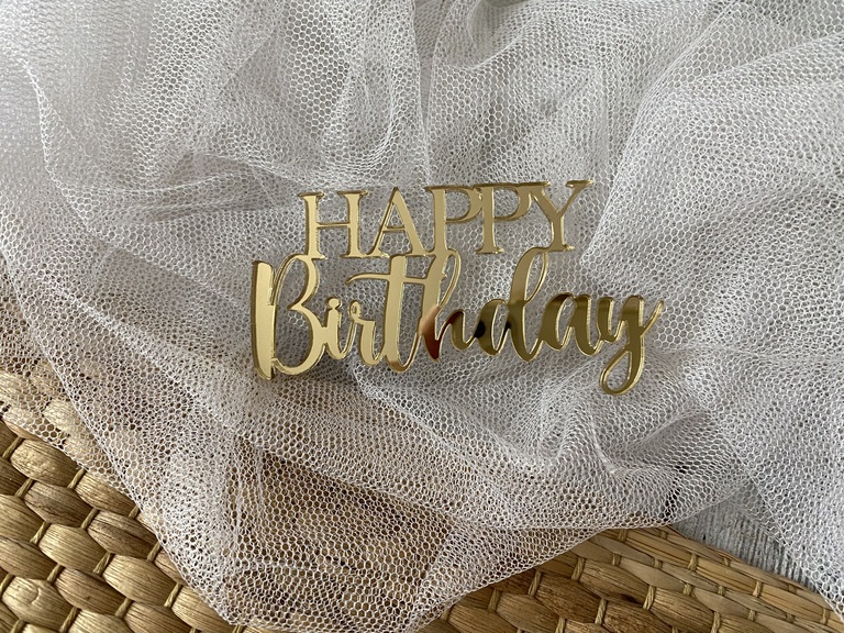 Happy Birthday złote Plexi na bok tortu 10x5 cm (3)
