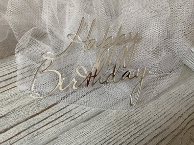 Topper Happy Birthday na bok Srebne Plexi 11*9