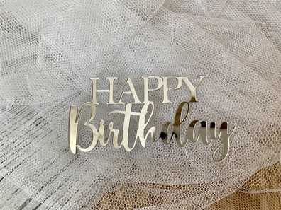Topper Happy Birthday srebne Plexi na bok tortu