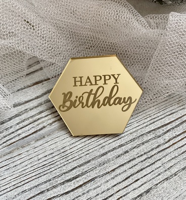 Topper sześciokątny Happy Birthday 5 cm złoty