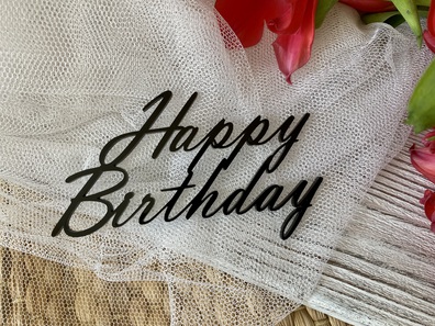 Topper na bok tortu Happy Birthday Plexi czarne 11*6,5 cm