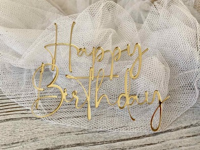 Topper Happy Birthday na bok tortu 10*8,5 cm plexi złote 