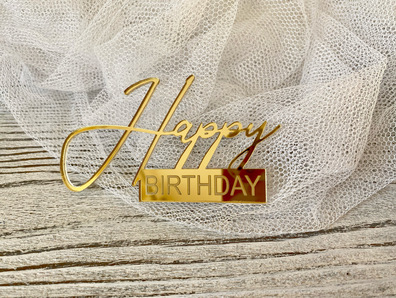 Topper plexi złote na bok tortu Happy Birthday 8*4,5 cm 
