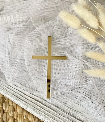Topper na bok tortu Krzyż plexi złote 10*5,5 cm 
