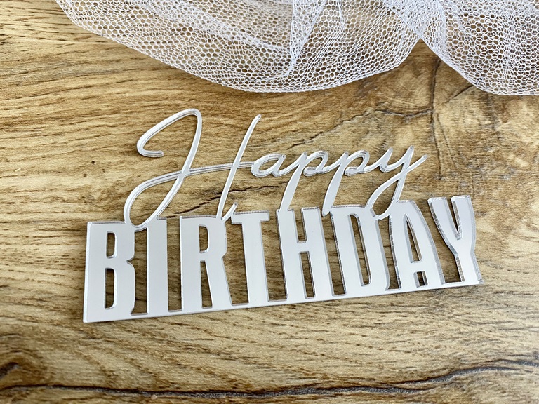 Topper Happy Birthday 11*6 cm plexi złote srebrne  (1)