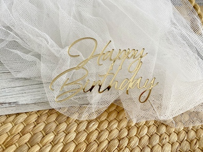 Topper na bok tortu Happy Birthday złote plexi 11,5 * 7,5 cm 