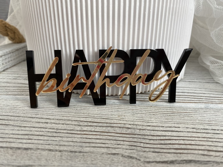  Topper Happy birthday podwójny czarna plexi z złotym 