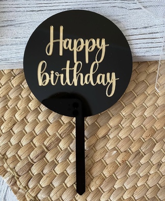 Topper Happy Birthday złoto czarny  koło 10 cm na patyku  