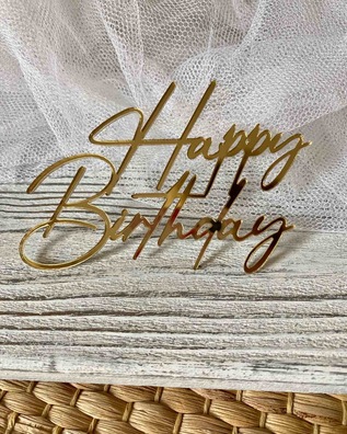 Topper Happy Birthday na bok tortu Plexi złote  10*6,5 cm 10 szt