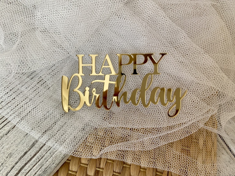 Topper Happy Birthday złote Plexi na bok tortu 10 szt