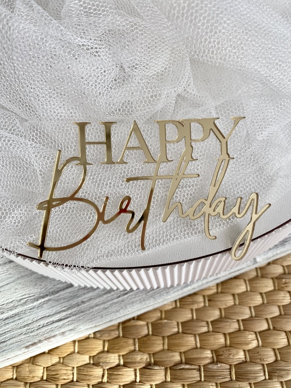 Topper Happy Birthday 10*6 cm złote plexi lustro (1)