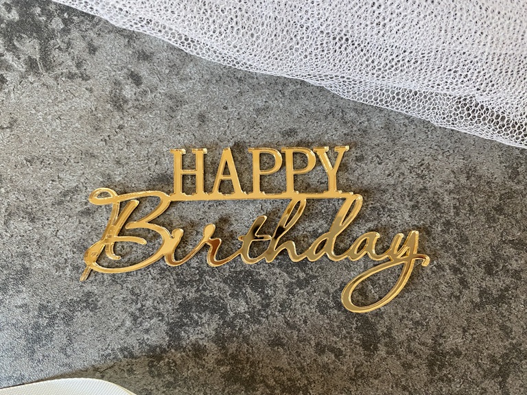 Topper boczny na tort Happy Birthday Plexi złote  (1)