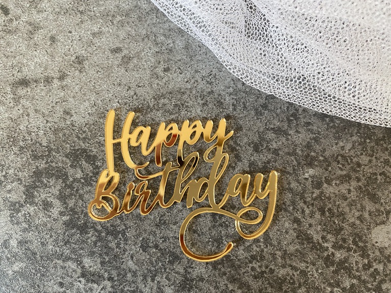 Topper boczny na tort plexi lustro zlote Happy Birthday  (2)