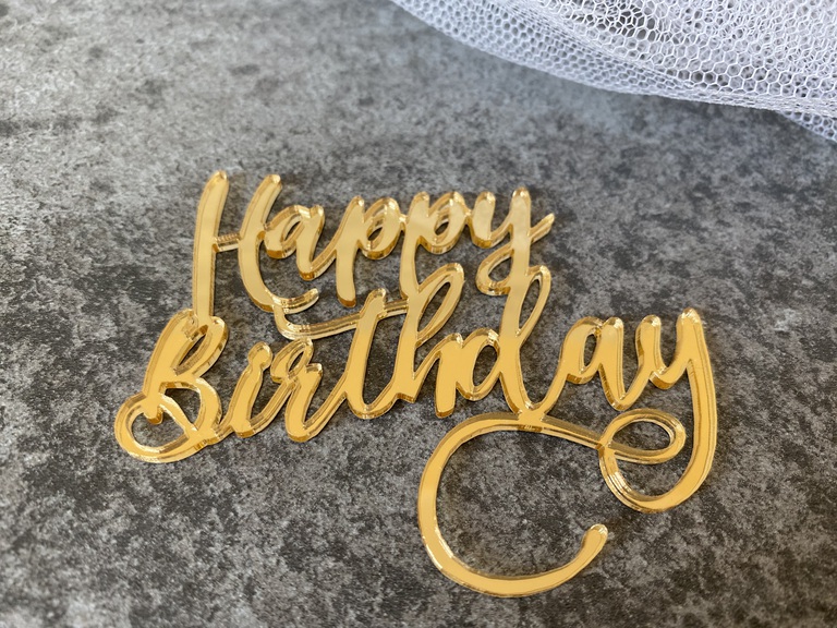 Topper boczny na tort plexi lustro zlote Happy Birthday  (3)