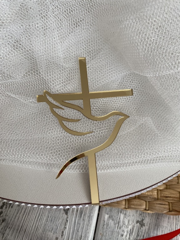 Topper Krzyż z gołąbkiem na bok tortu 9*6 cm plexi złote lustro