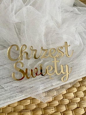 Topper  Chrzest Święty na bok tortu 10*6 cm złote plexi 