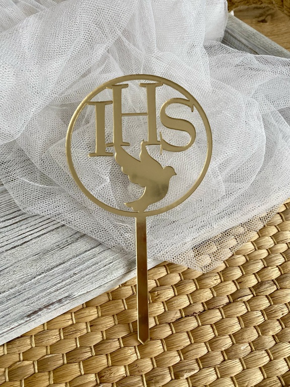 Topper IHS z gołąbkiem koło na patyku 10* 18 cm 