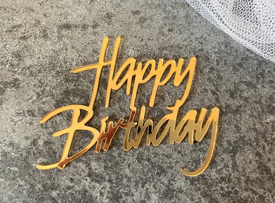 Topper Happy Birthday plexi złote boczny 10x7,5 cm