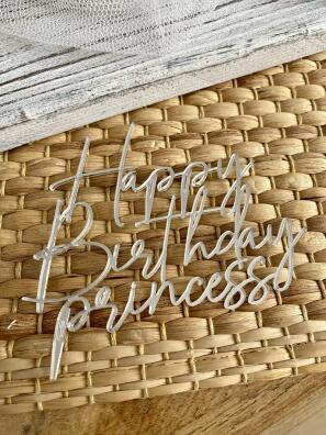 Topper na bok Happy Birthday princess srebrne plexi 10,5 * 9 cm 