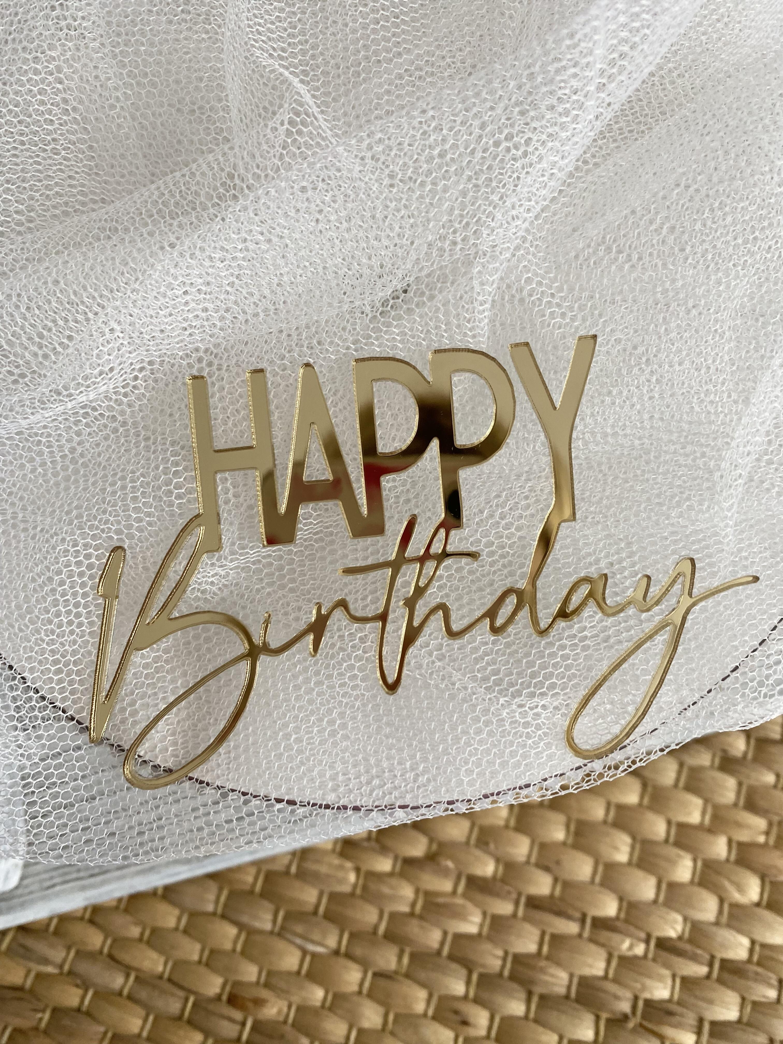 Topper na bok tortu Happy Birthday 10*6 cm plexi złote 