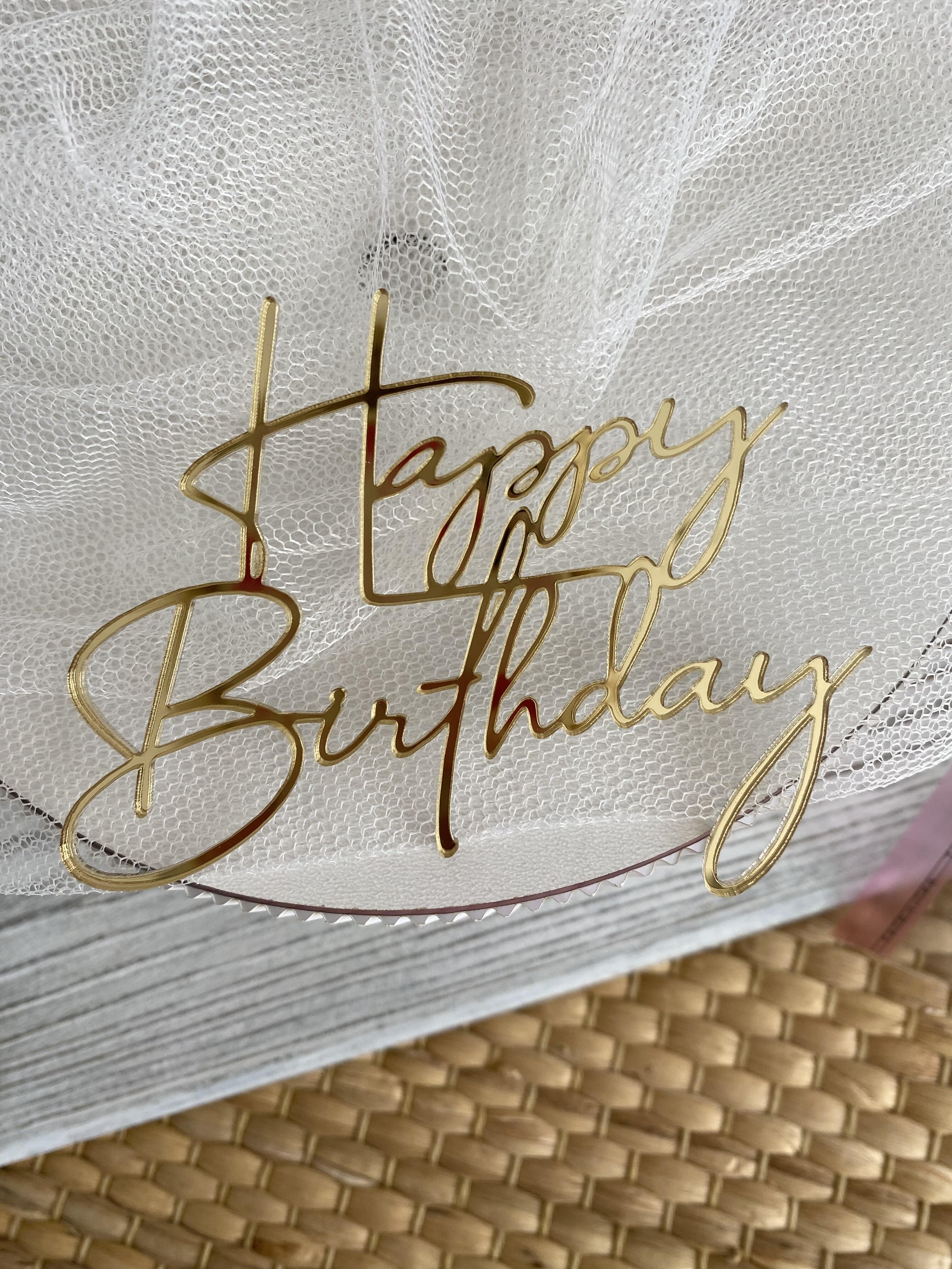 Topper na bok tortu Happy Birthday 10*7,5 cm plexi złote 