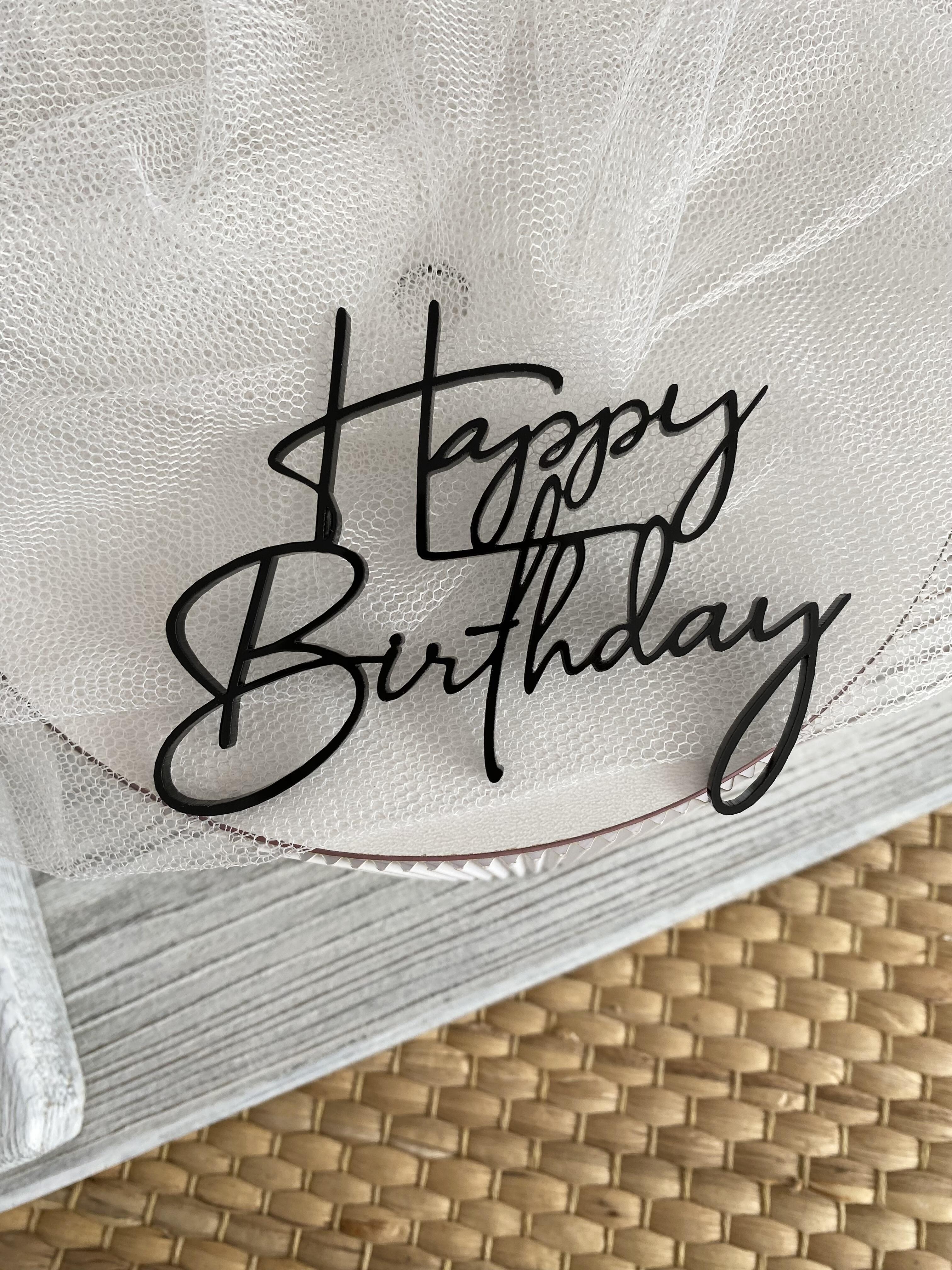Topper na bok tortu Happy Birthday 10*7,5 cm plexi czarne 