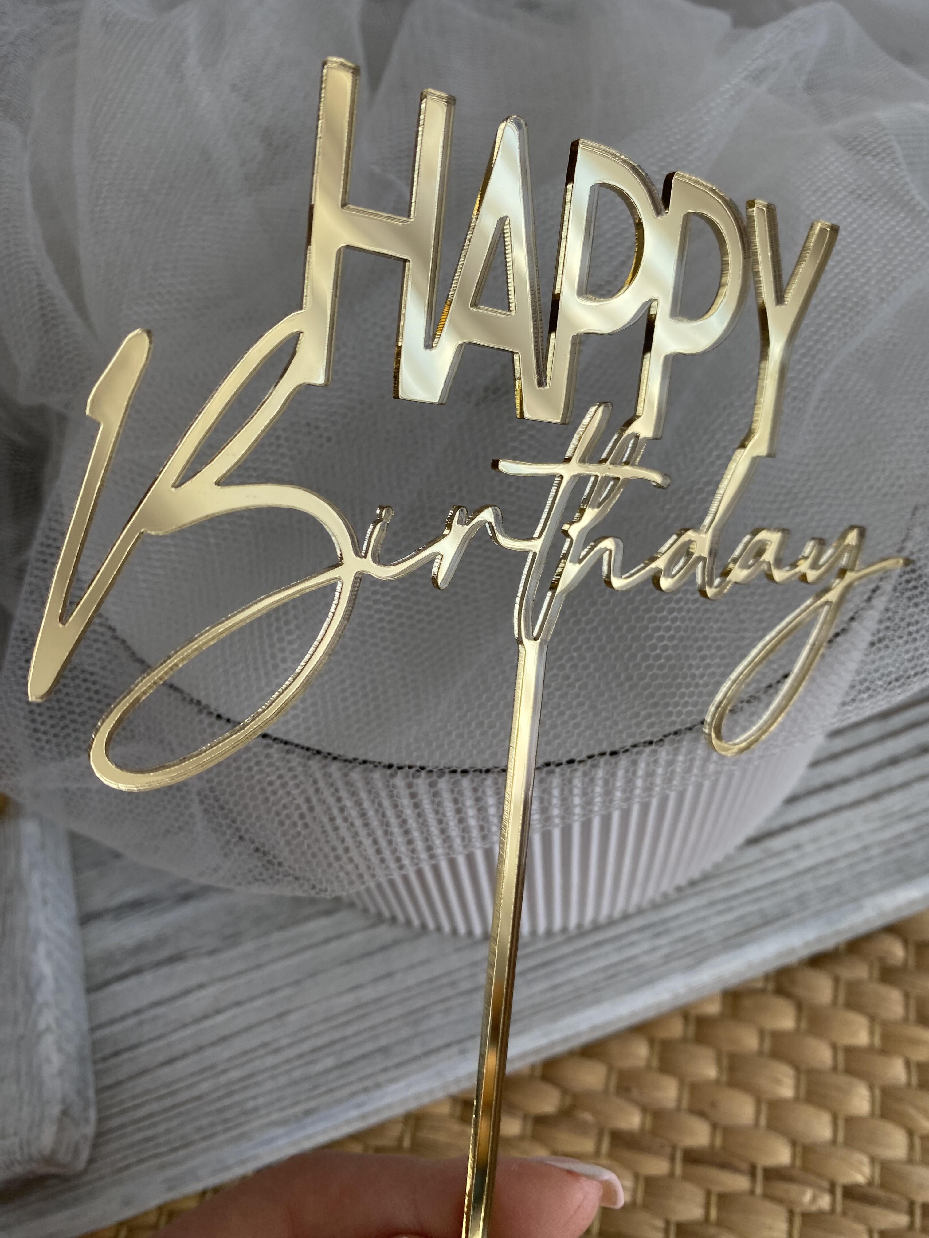 Topper na patyku Happy Birthday 13*17 cm plexi złote  (3)